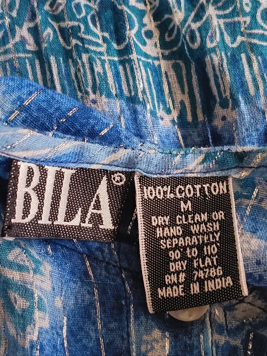 Bila Blue Metallic Print Dress M Boho Button Front Lined Midi Dress - Picture 6 of 6